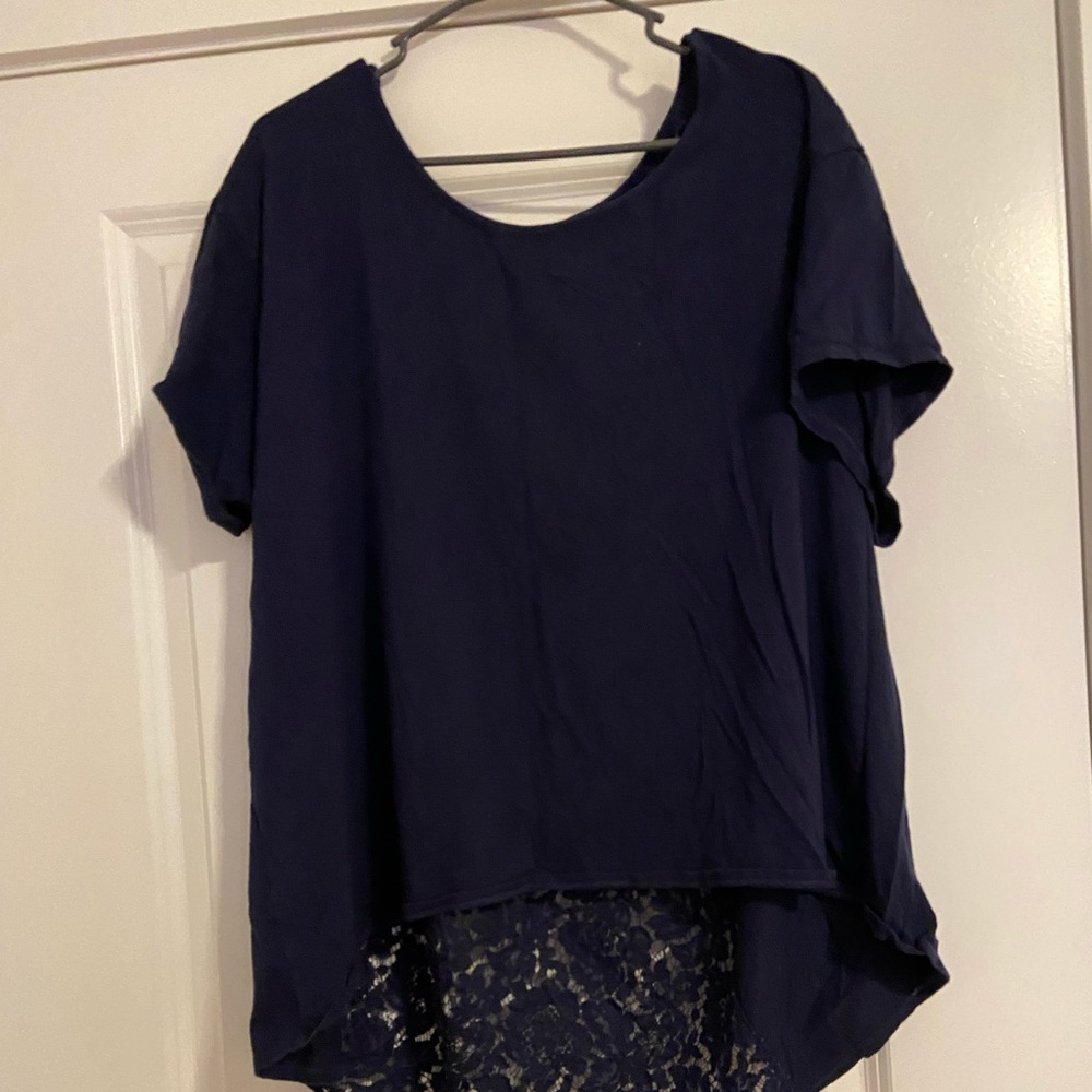 Navy high- low short sleeve with lace back
